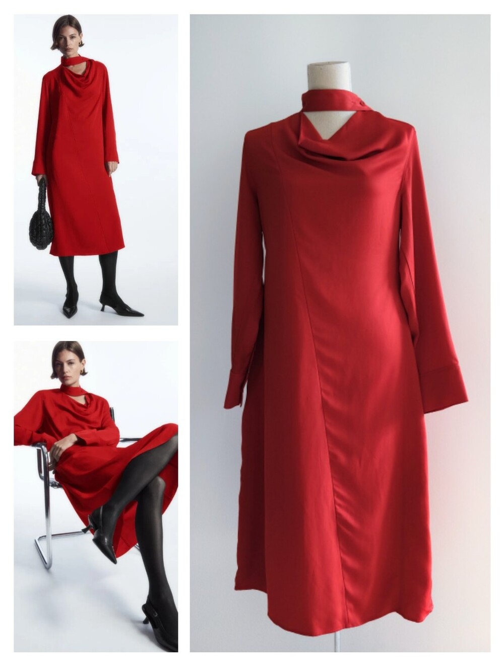 New COS Scarf Detailed Draped Cowl Neck Long Sleeve Red Midi Dress